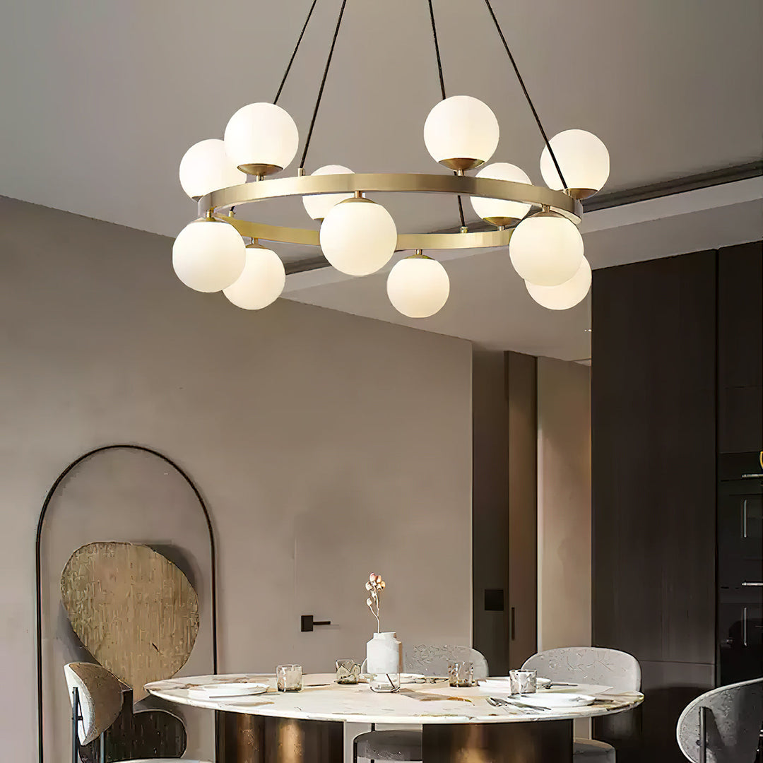Modern Brass Orb Chandelier with Opal Glass Globes