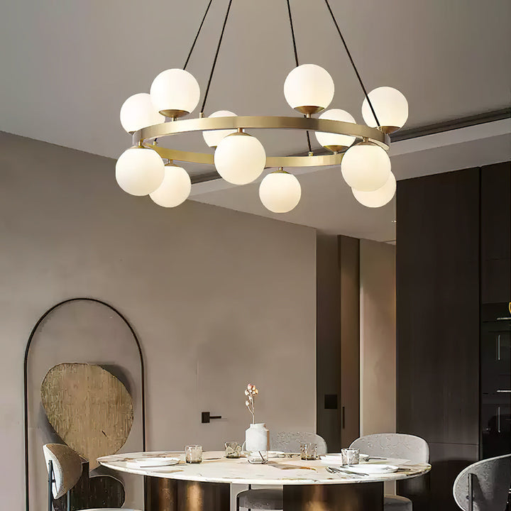 Modern Brass Orb Chandelier with Opal Glass Globes