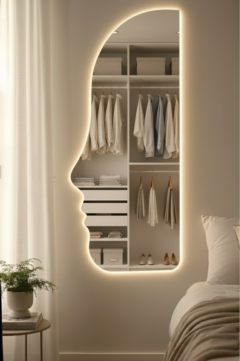 Modern LED mirror with artistic face-shaped silhouette and soft backlight