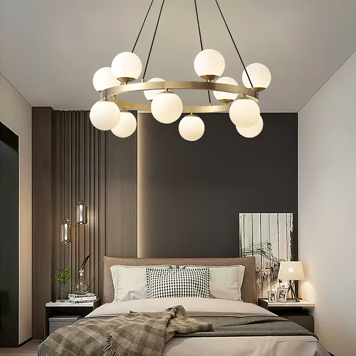 Modern Brass Orb Chandelier with Opal Glass Globes