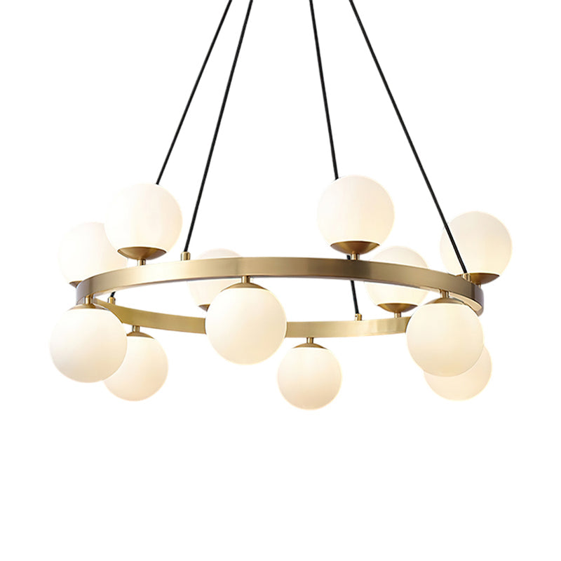 Modern Brass Orb Chandelier with Opal Glass Globes