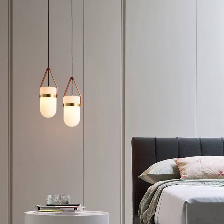 Modern Opal Glass Pendant Light with Leather Strap