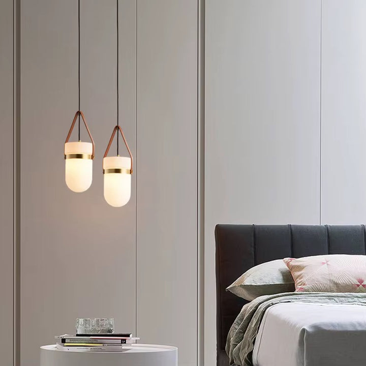 Modern Opal Glass Pendant Light with Leather Strap