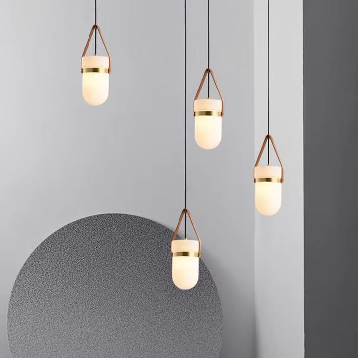 Modern Opal Glass Pendant Light with Leather Strap
