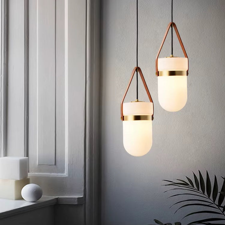 Modern Opal Glass Pendant Light with Leather Strap