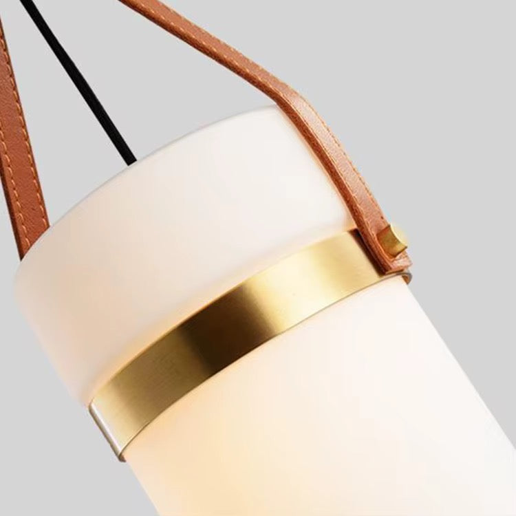 Modern Opal Glass Pendant Light with Leather Strap