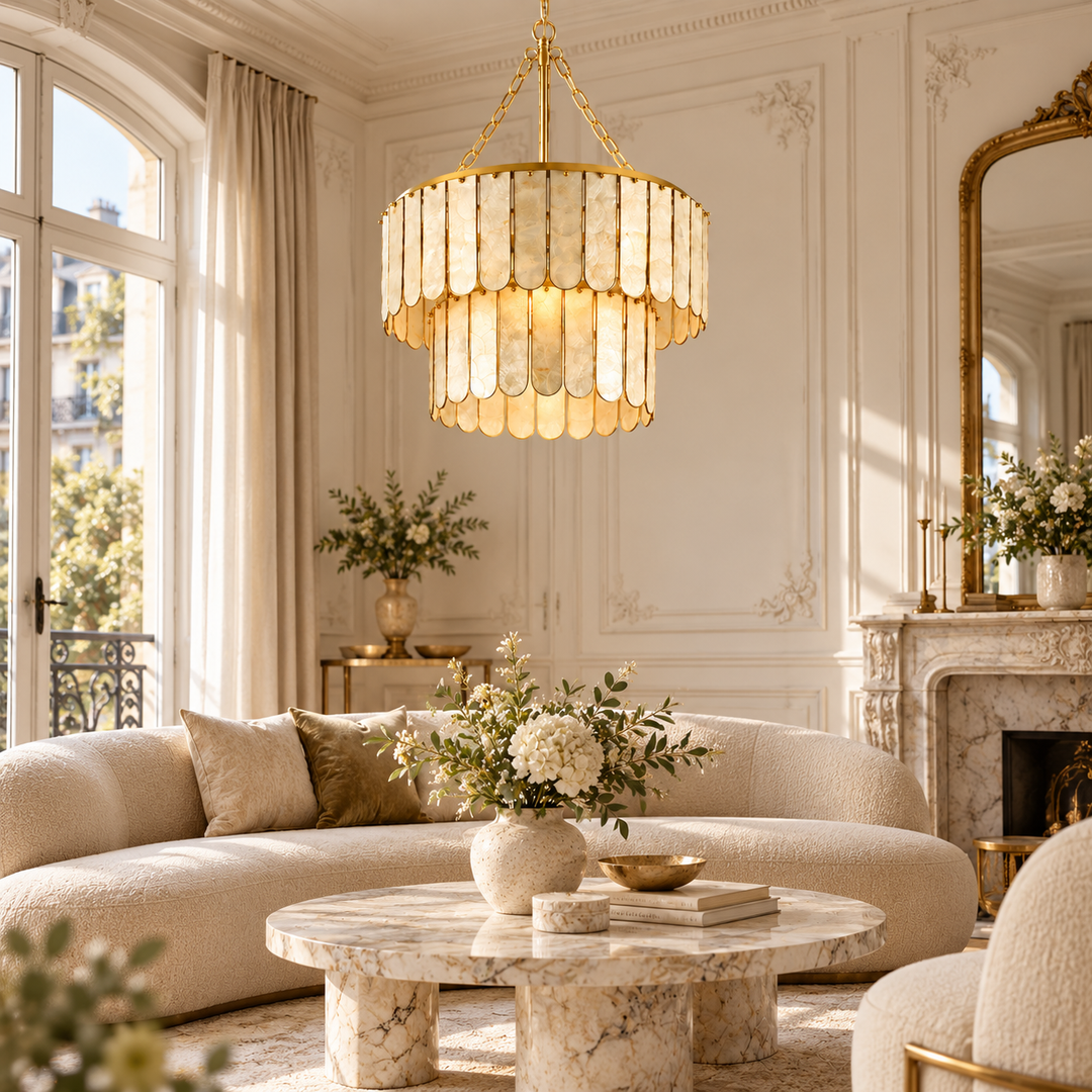 White Shell Panel Gold Drum Chandelier