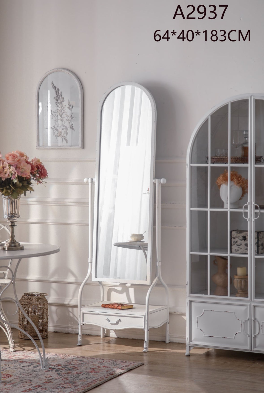 Vintage White Standing Mirror with Drawer