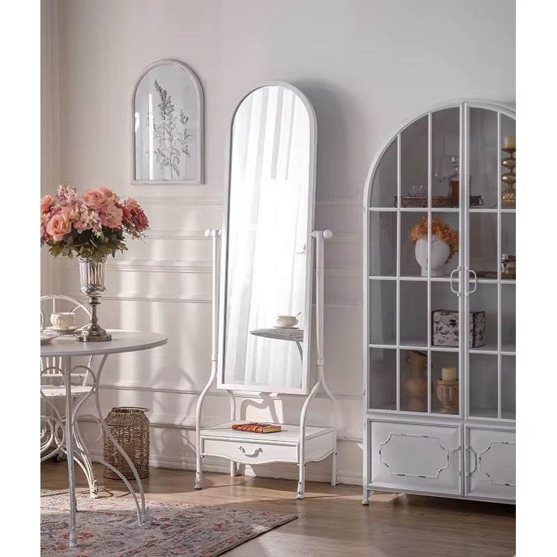 Vintage White Standing Mirror with Drawer