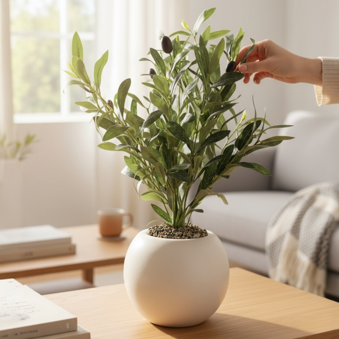 Artificial olive plant with lifelike leaves and olives in a white round pot on a wooden table