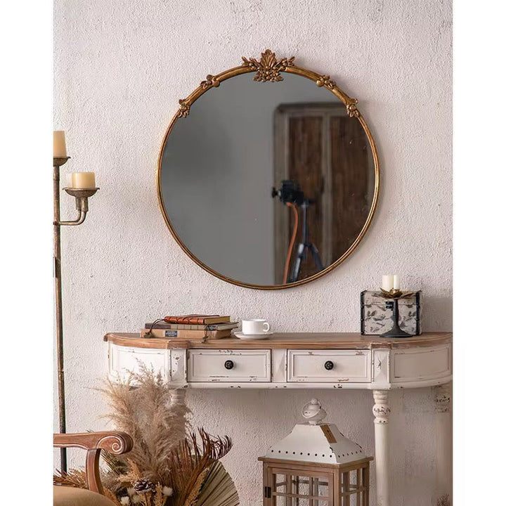 Classic Gold Round Mirror with Floral Detail