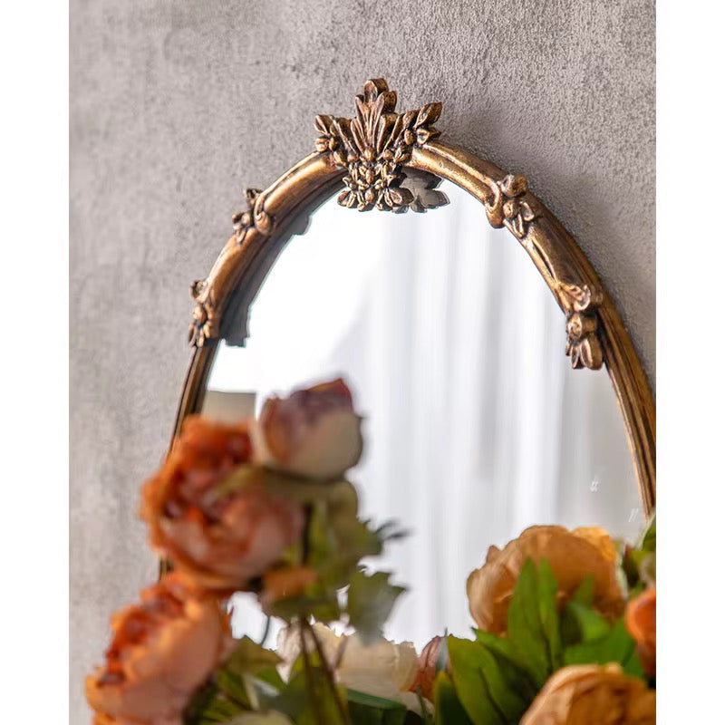 Classic Gold Round Mirror with Floral Detail