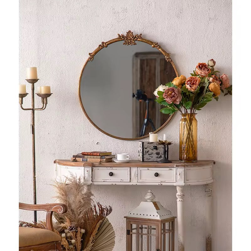 Classic Gold Round Mirror with Floral Detail