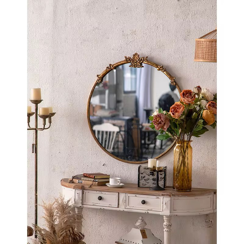 Classic Gold Round Mirror with Floral Detail