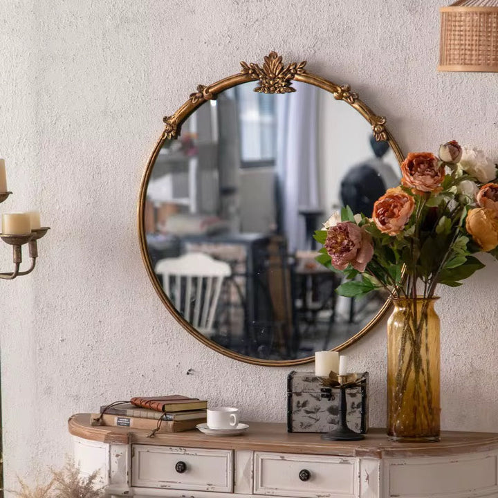 Classic Gold Round Mirror with Floral Detail