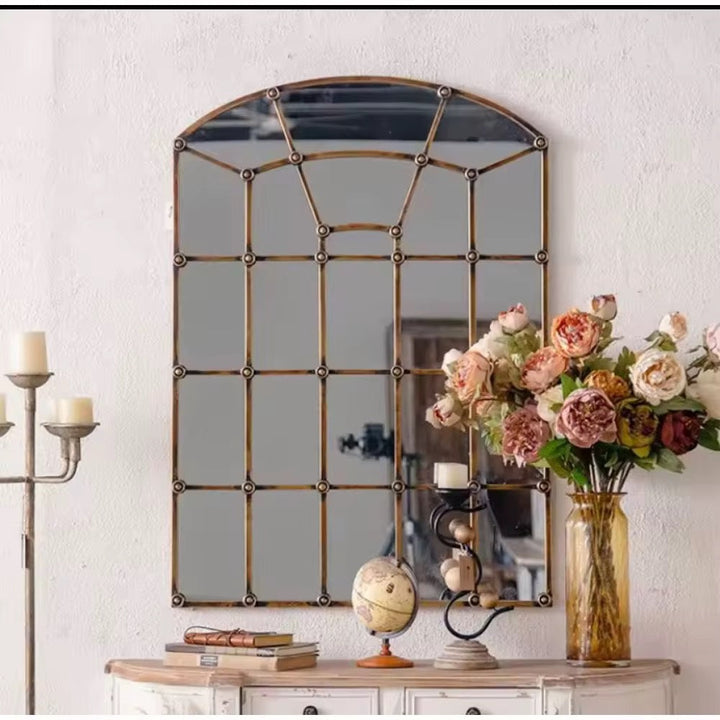 Arched Industrial Grid Mirror with Brass Accents
