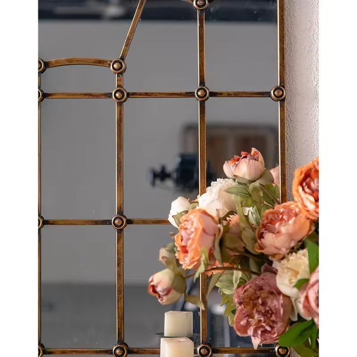 Arched Industrial Grid Mirror with Brass Accents