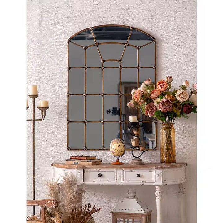 Arched Industrial Grid Mirror with Brass Accents