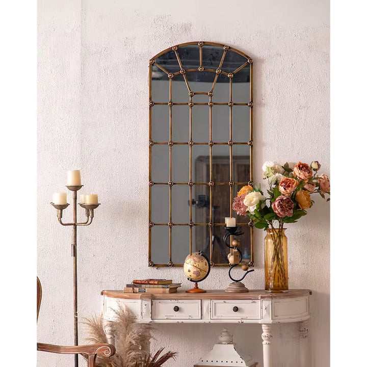 Arched Industrial Grid Mirror with Brass Accents
