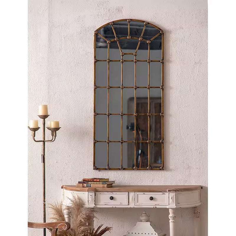Grid Mirror Design Industrial Arched Wall Mirror – Grid Design with Brass Accents – Wadi Home