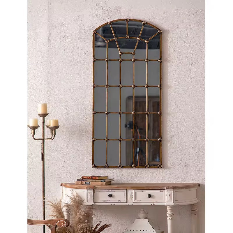 Arched Industrial Grid Mirror with Brass Accents