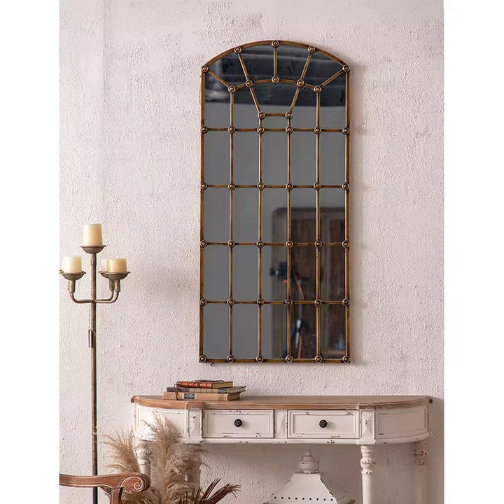 Arched Industrial Grid Mirror with Brass Accents