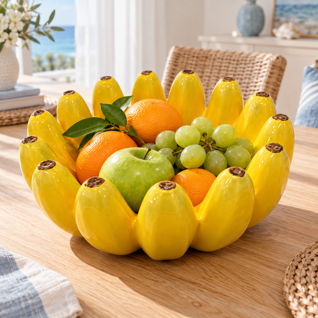Glossy yellow fruit bowl with a banana-shaped rim holding oranges, grapes, and green apples