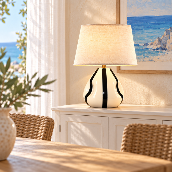 Cream and Black Striped Ceramic Table Lamp