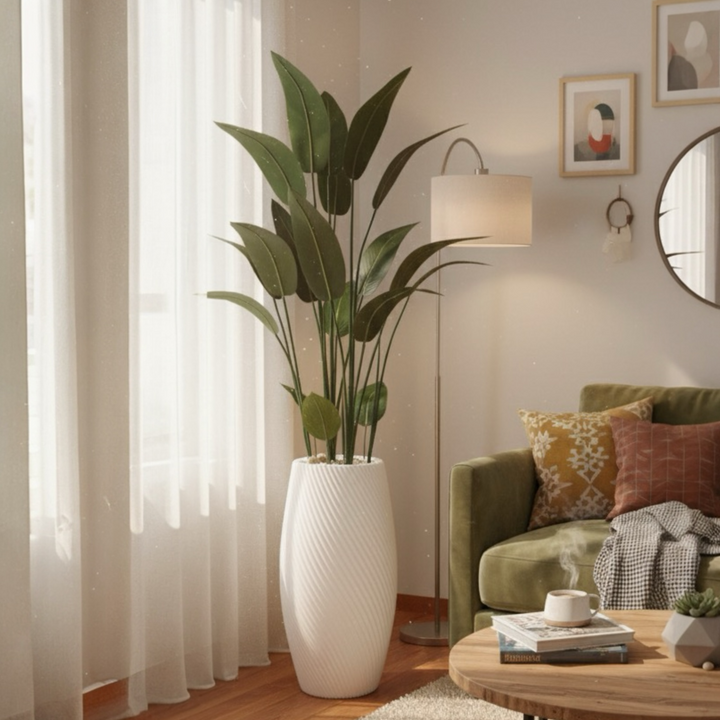 Artificial Bird of Paradise plant in white textured pot for home decor