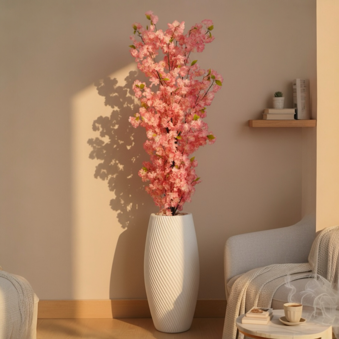 Artificial Cherry Blossom Tree in Textured White Pot
