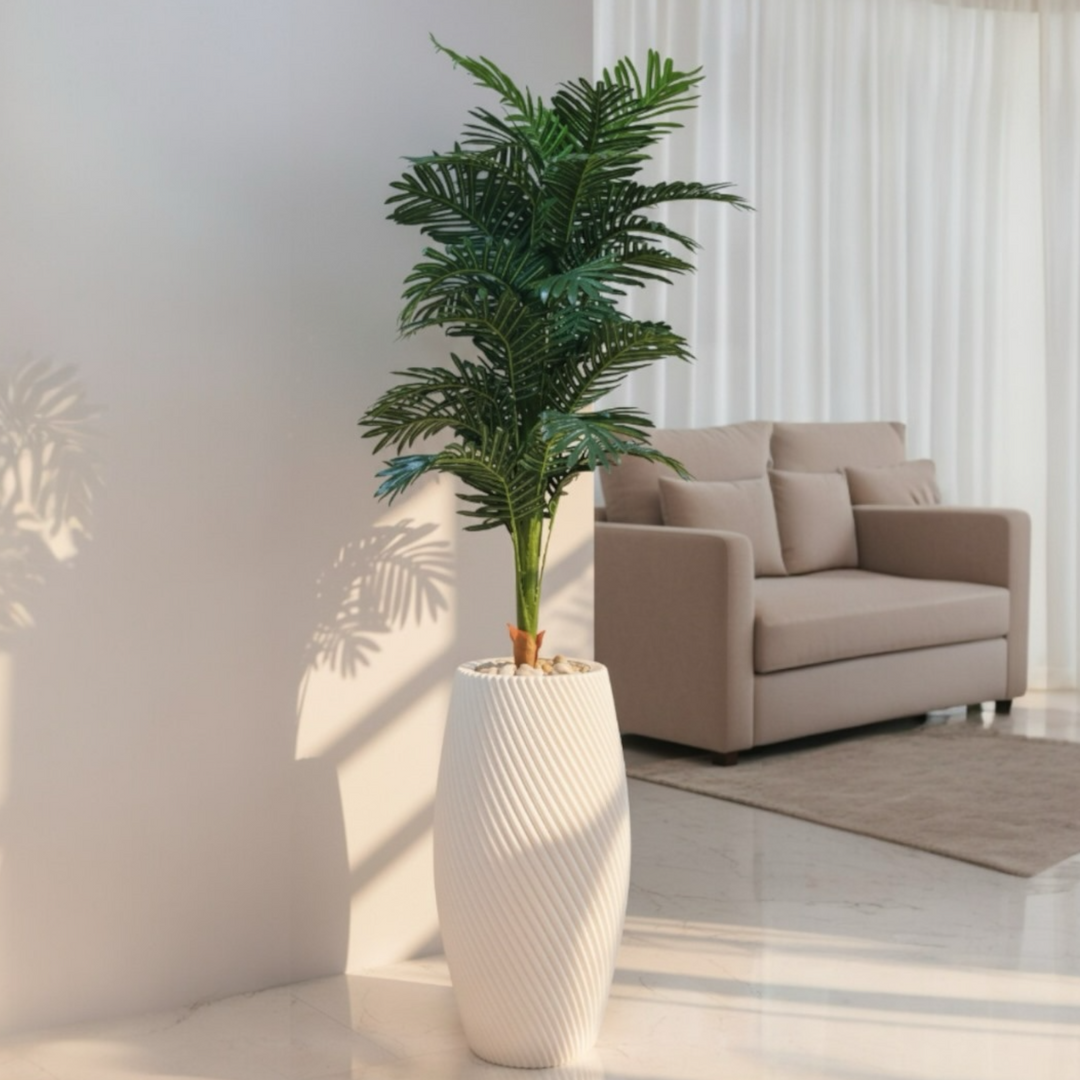 Artificial Areca Palm plant in textured white pot for home decoration