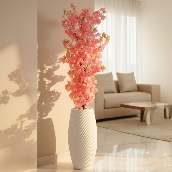 Artificial Cherry Blossom Tree in Textured White Pot