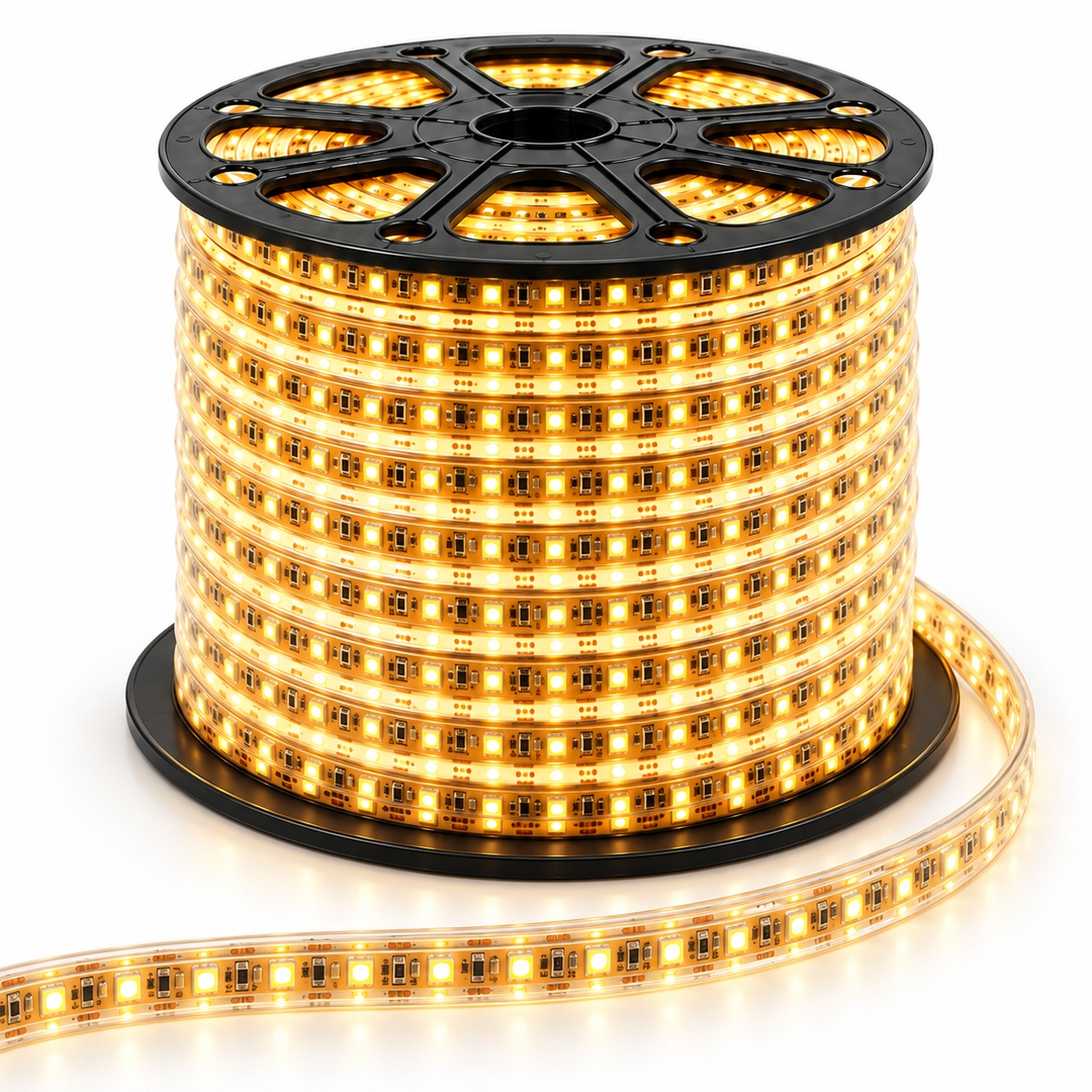 Flexible LED strip light wound on a reel, shown in white, warm white, blue, and purple