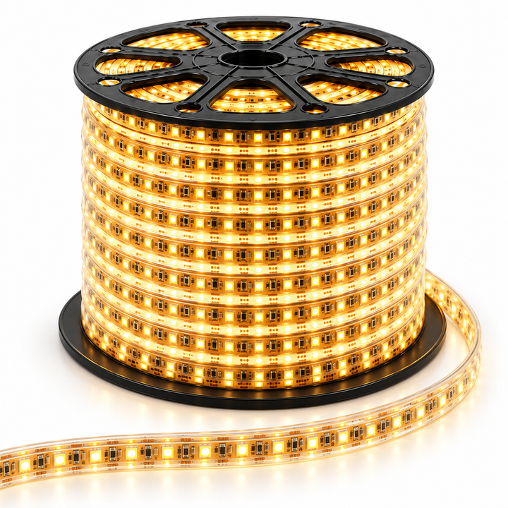 Flexible LED strip light wound on a reel, shown in white, warm white, blue, and purple