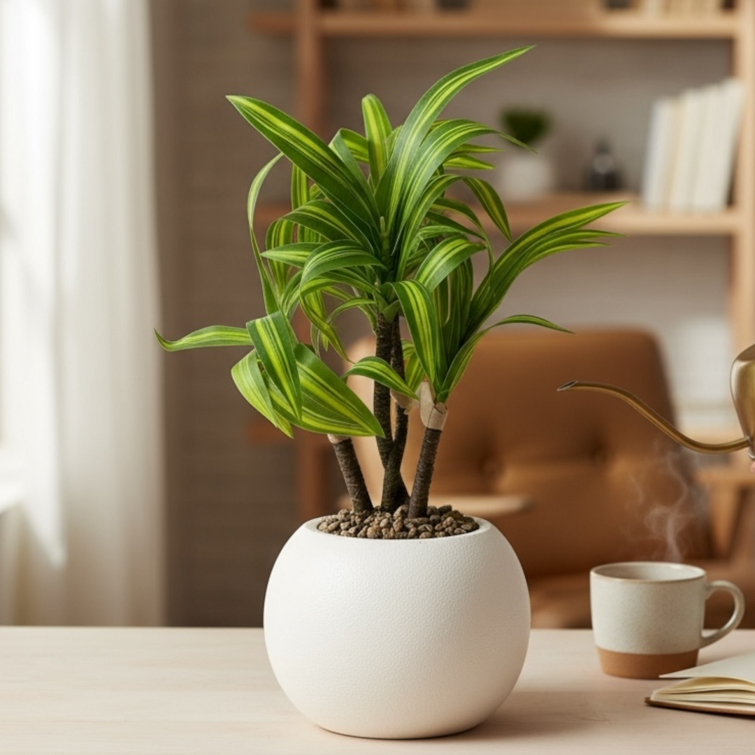 Artificial Dracaena plant in white round pot on wooden table in cozy room