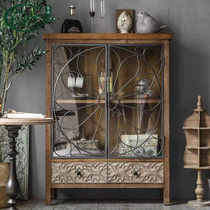 Vintage Glass Display Cabinet with Carved Drawers