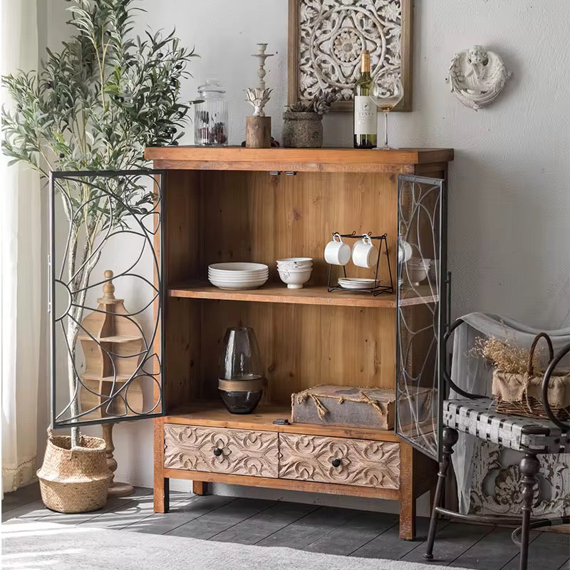 Vintage Glass Display Cabinet with Carved Drawers
