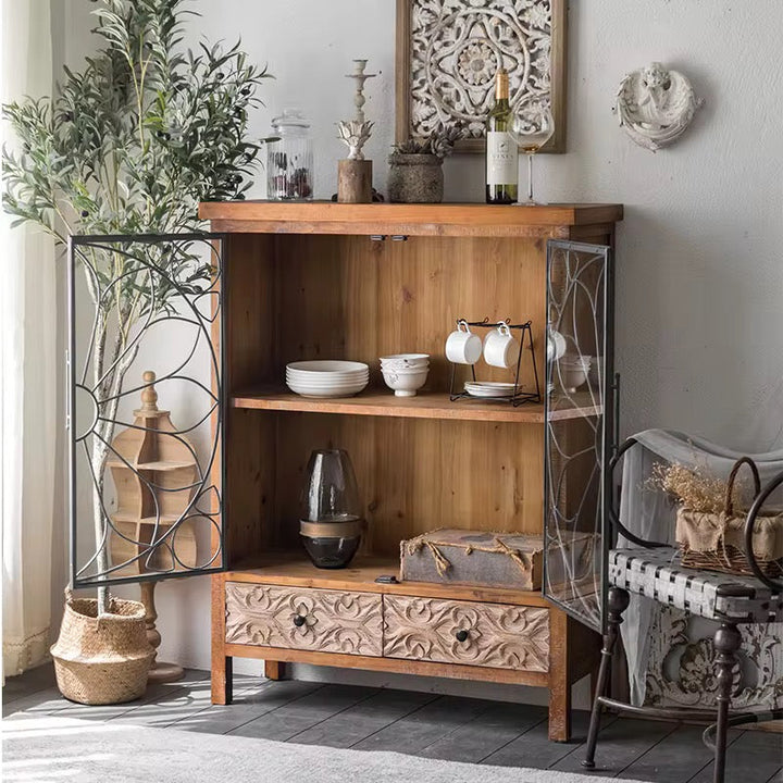 Vintage Glass Display Cabinet with Carved Drawers