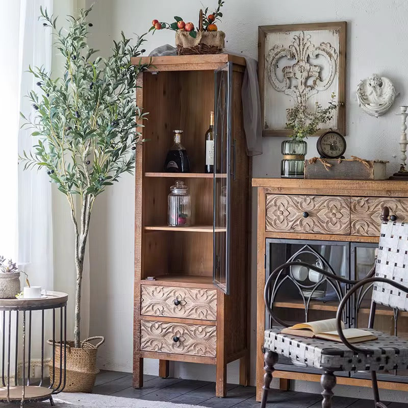 Rustic Tall Cabinet with Carved Drawers
