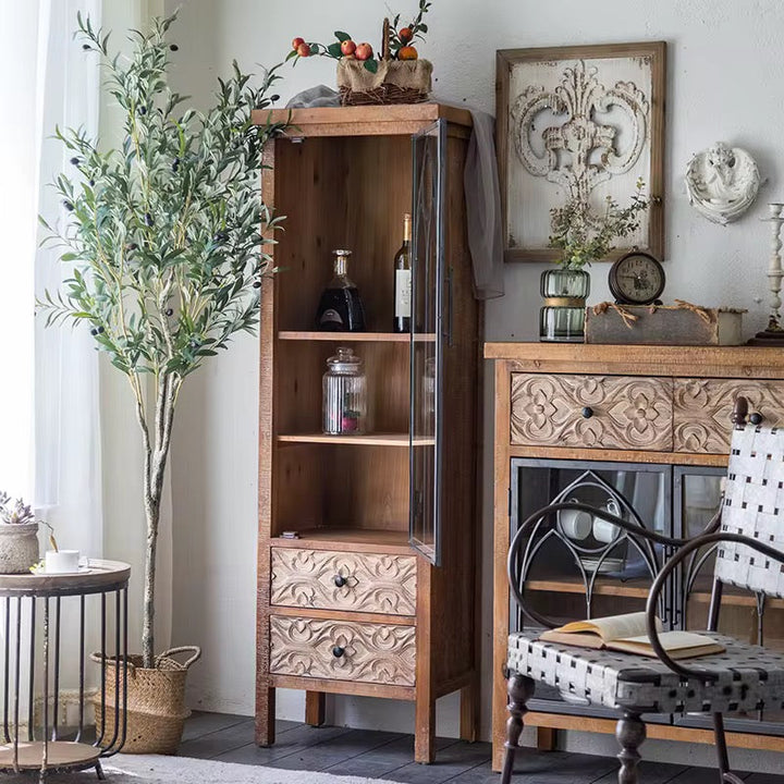 Rustic Tall Cabinet with Carved Drawers