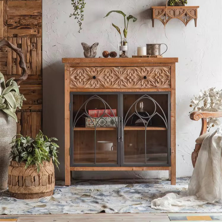 Rustic Cabinet with Carved Drawers and Glass Doors