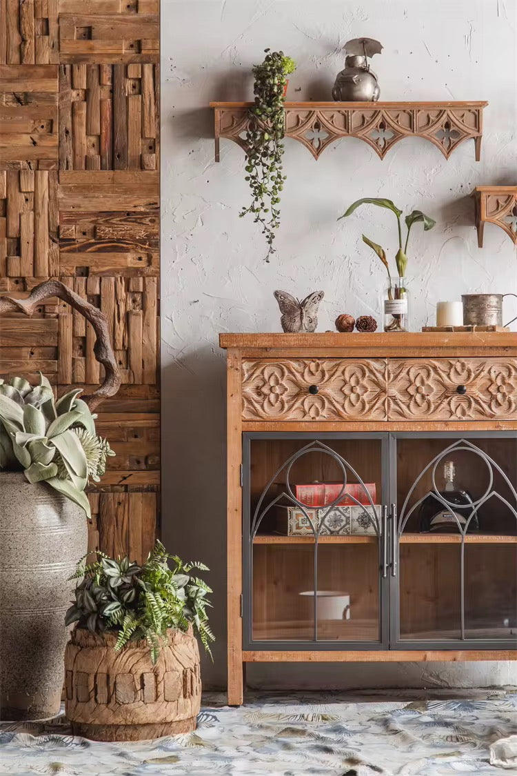 Rustic Cabinet with Carved Drawers and Glass Doors