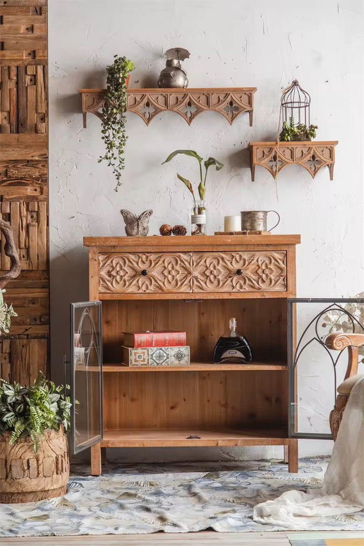 Rustic Cabinet with Carved Drawers and Glass Doors