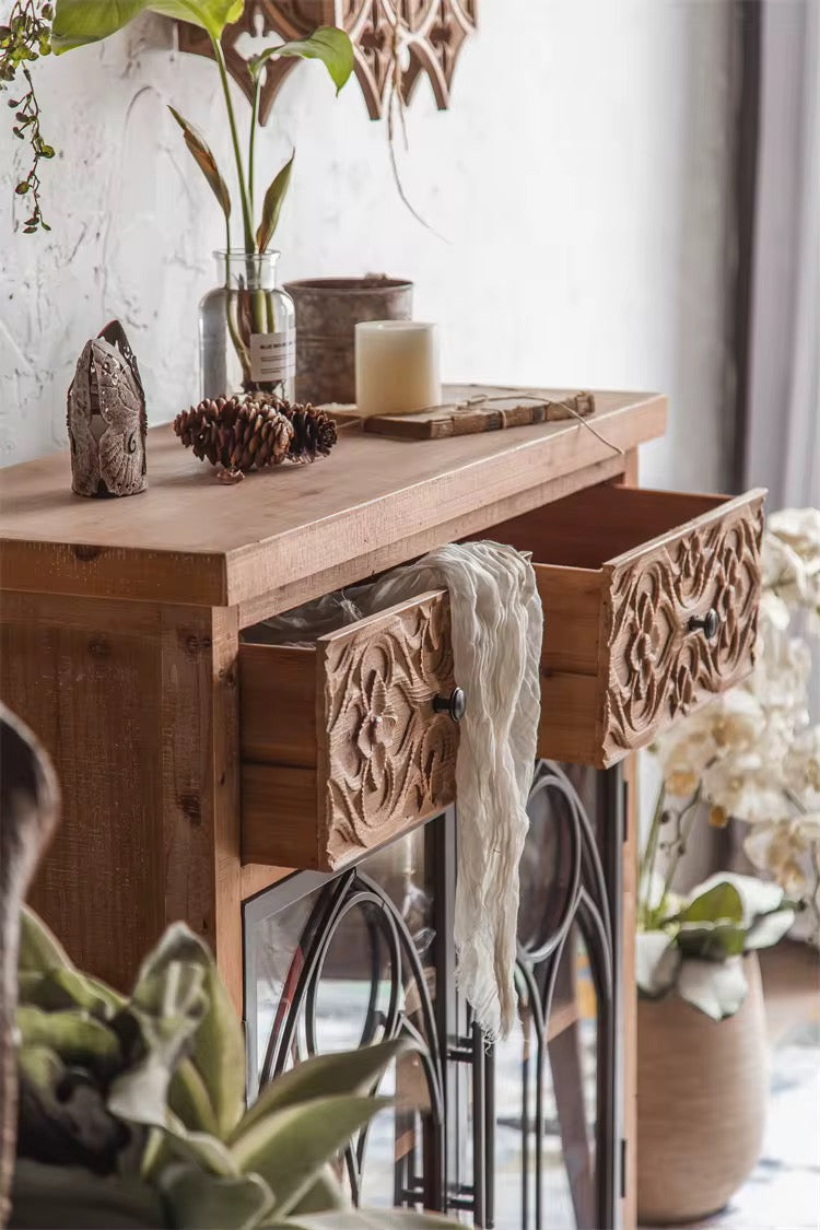 Rustic Cabinet with Carved Drawers and Glass Doors