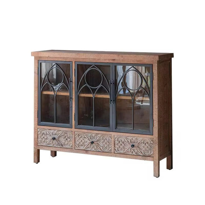 Large Rustic Sideboard with Carved Drawers and Glass Doors
