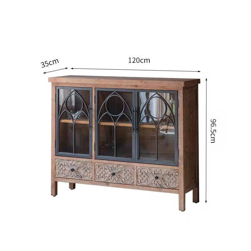 Large Rustic Sideboard with Carved Drawers and Glass Doors