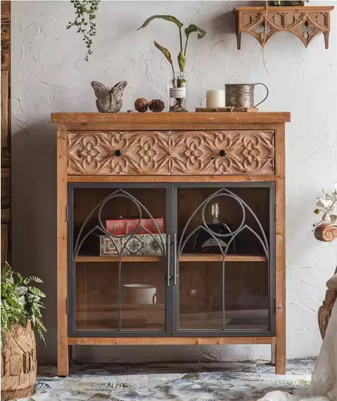 Rustic Cabinet with Carved Drawers and Glass Doors