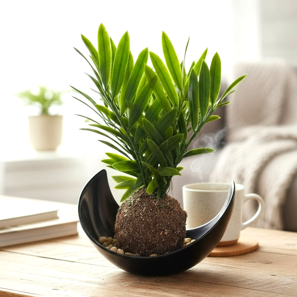 Artificial palm kokedama plant in modern black bowl on wooden table with coffee cup