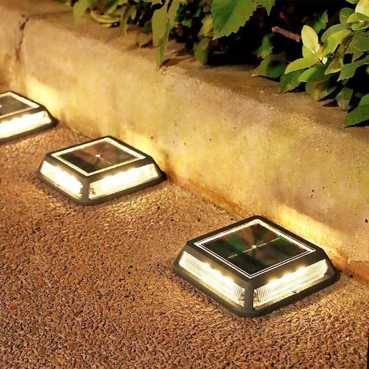 Low-profile black solar pathway lights glowing along a garden border
