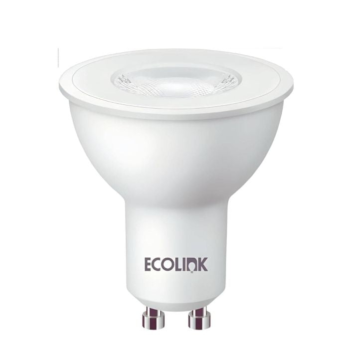 White Ecolink GU10 LED spotlight bulb with two-pin base